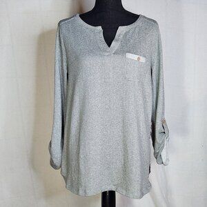 Kori America Gray Chest Pocket Neutral Paisley Back Tab Sleeve Cotton Poly Top L